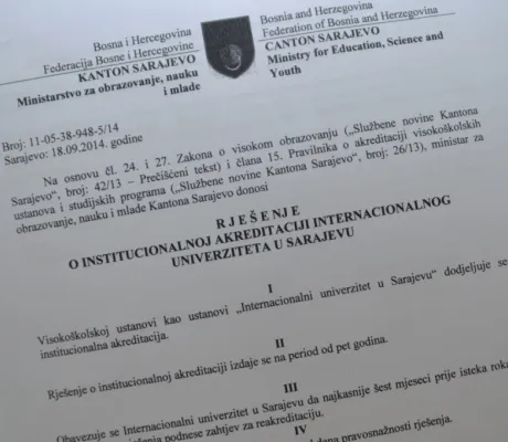 IUS accredited by the Ministry of Education Science and Youth of Sarajevo Canton