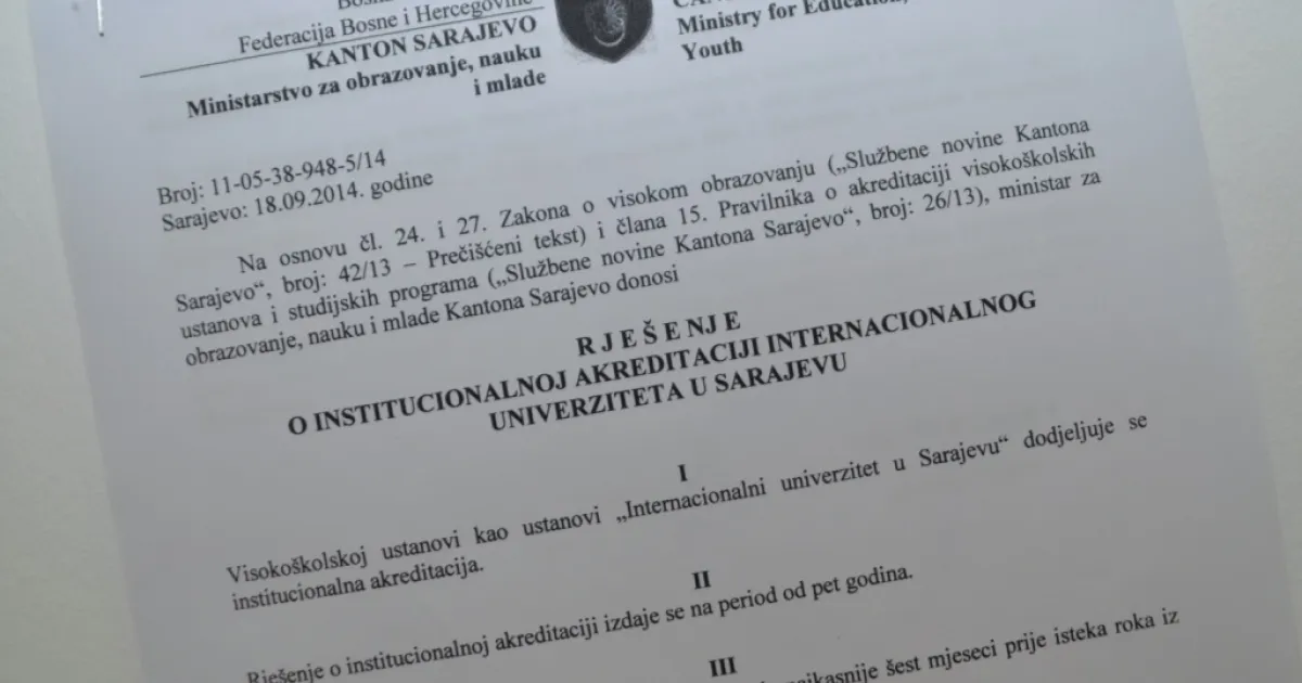 IUS accredited by the Ministry of Education Science and Youth of Sarajevo Canton